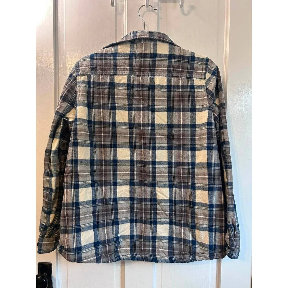 L.L. Bean Flannel Shirt Jacket Mens M Blue Cream Excellent Sherpa Lined Plaid